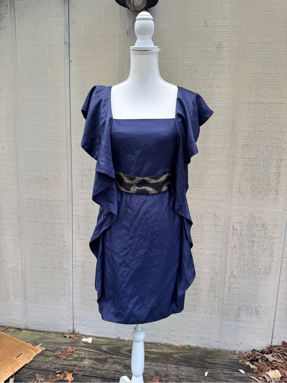MM Couture Navy Ruffle-Trim Square-Neck Dress with Beaded Snake-Print Waist